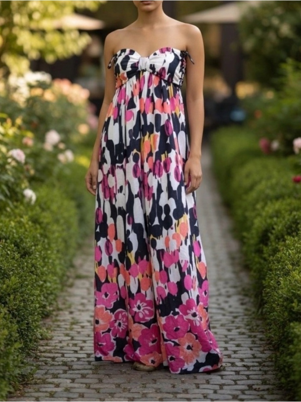 Allen B. by Allen Schwartz Strapless Floral Maxi-Pink, Black, Cream Malika Print - Picture 7 of 7